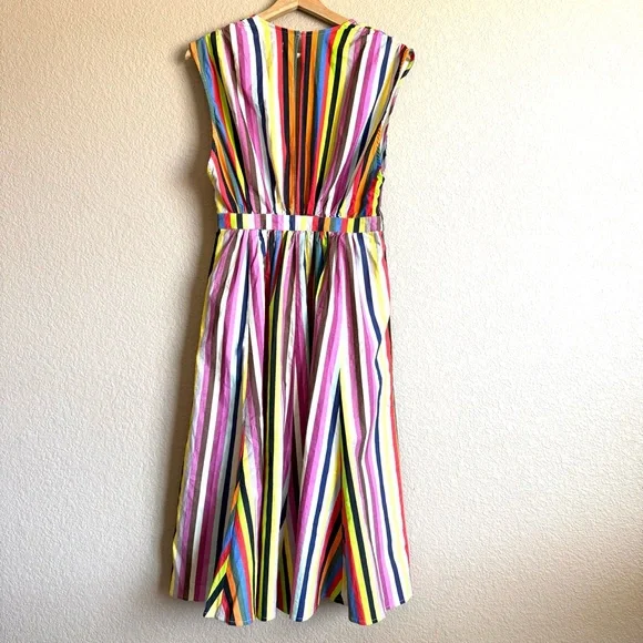 LPA NWOT Shirred Button Up Linen Dress Rainbow Strip Midi Boho Sleeveless Sz S - Picture 7 of 14